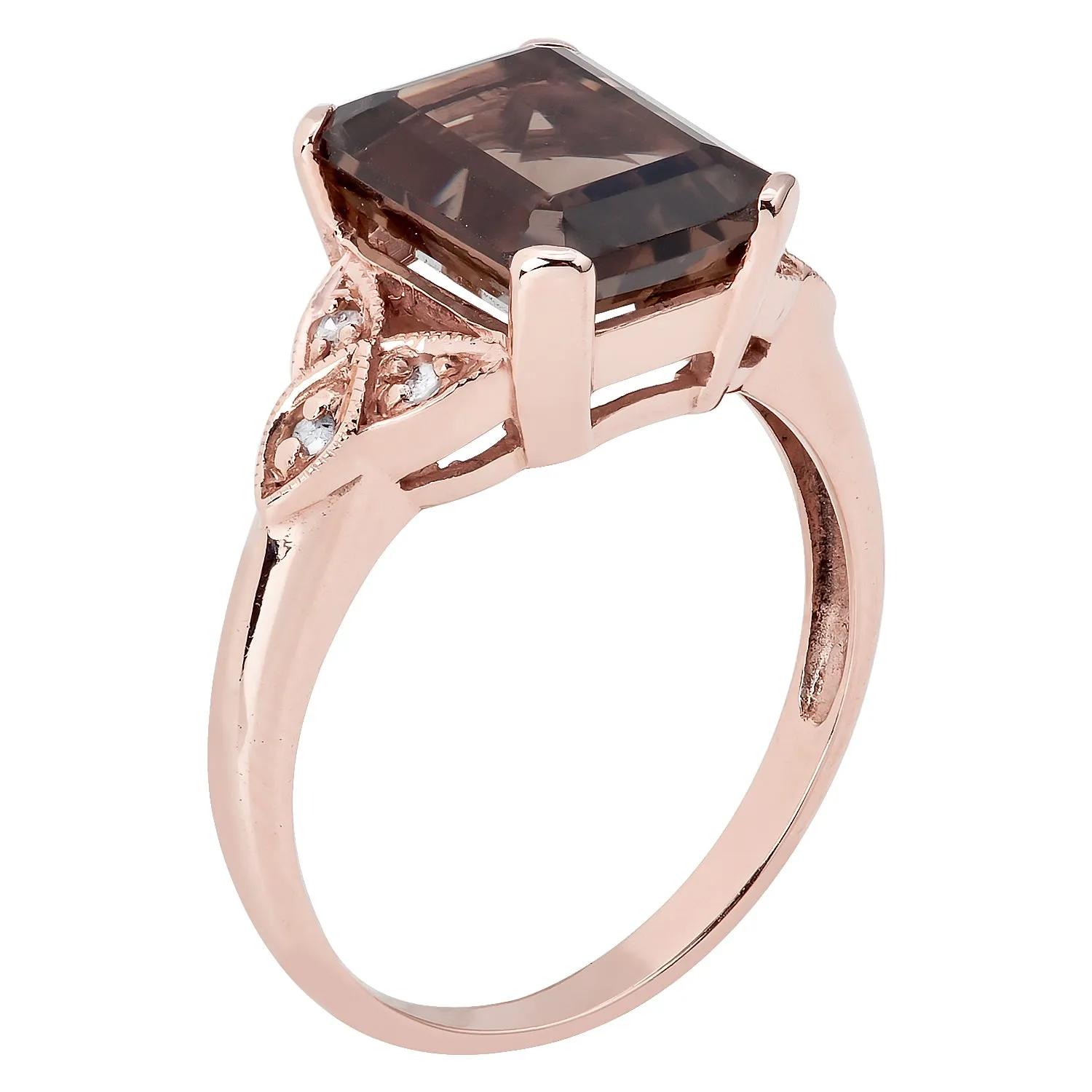 10k Rose Gold Vintage Style Genuine Emerald-cut Smoky Quartz and Diamond Ring