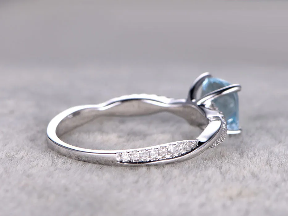 14k/18k White Gold Aquamarine Engagement Rings With Diamonds 6mm Cushion Twisted Infinity Promise Band