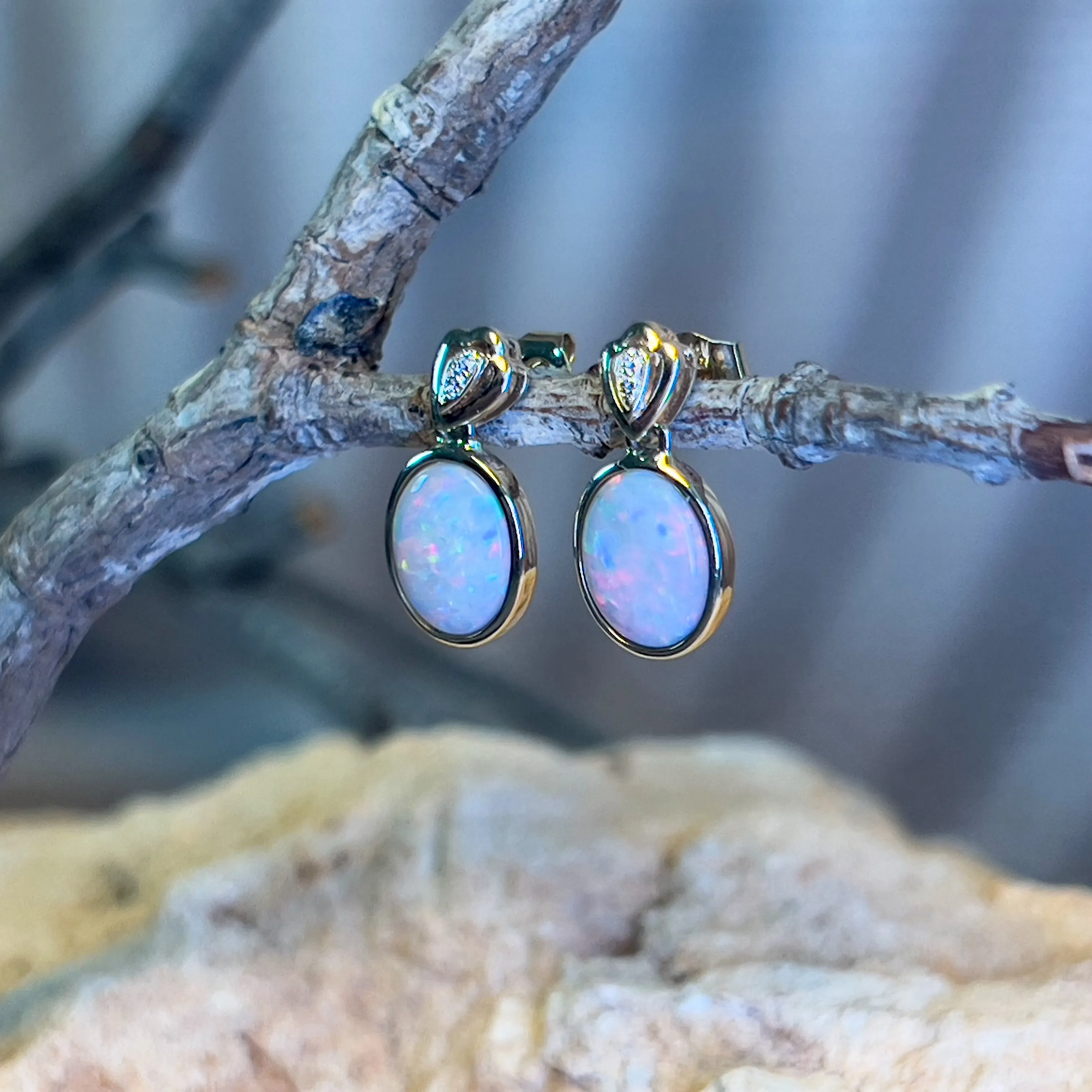 14kt Yellow Gold Oval Dark Opal 2.08ct bezel set earring drops