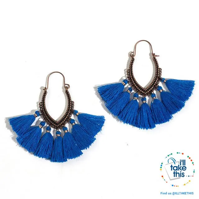 Antique Tassel hoop Earrings, Bohemian influenced with Two Distinct Designs LOTS of Festive Colors