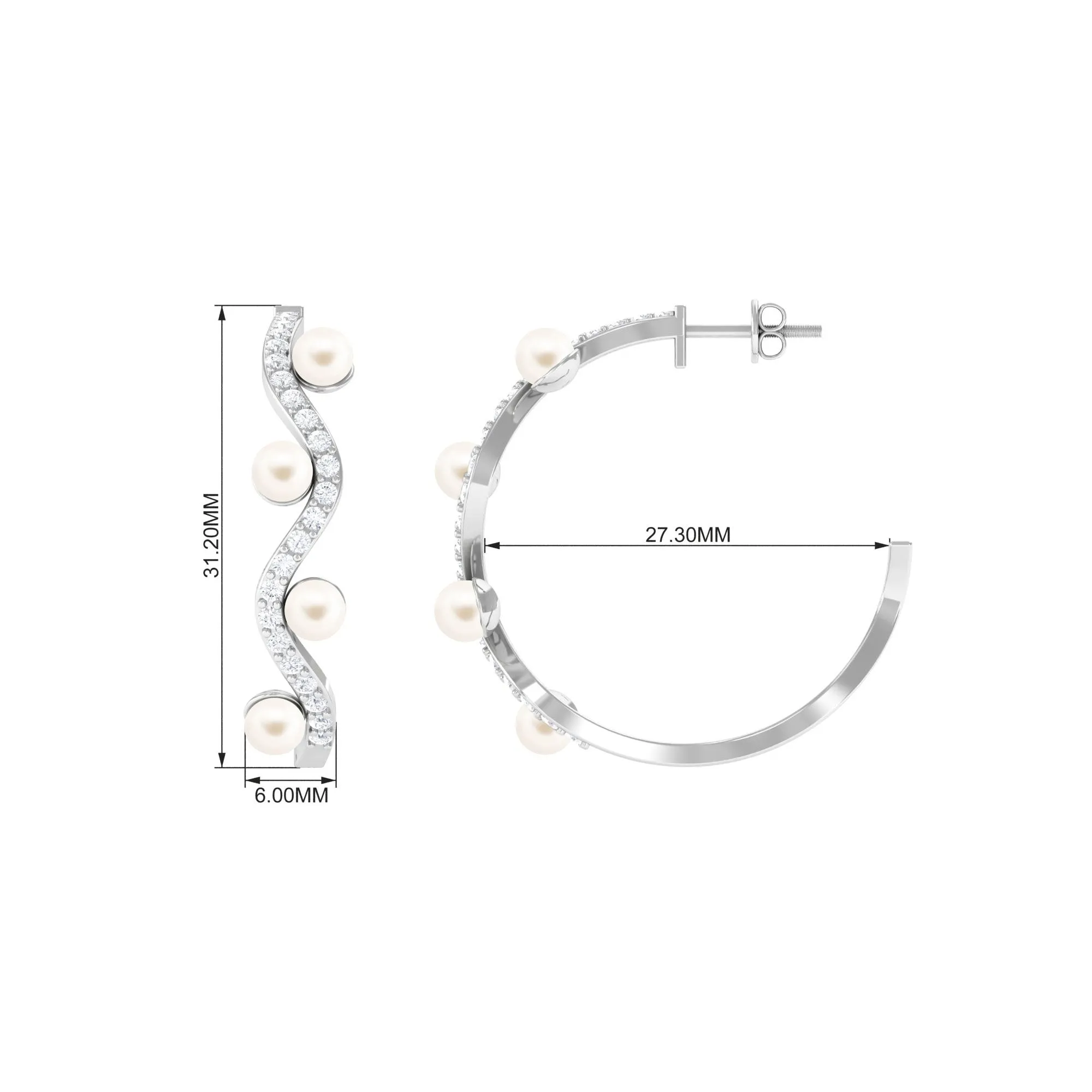 Designer Freshwater Pearl Half Hoop Earrings with Diamond