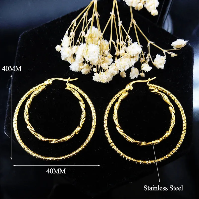 Double Circle Hoop Earring for Women Stainless Steel Big Twisted Wire Earrings