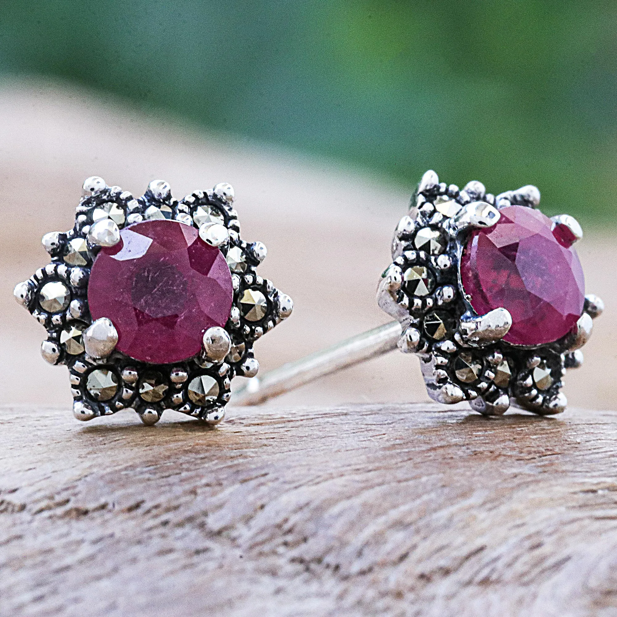Firefly in Pink Artisan Crafted Ruby and Marcasite Stud Earrings