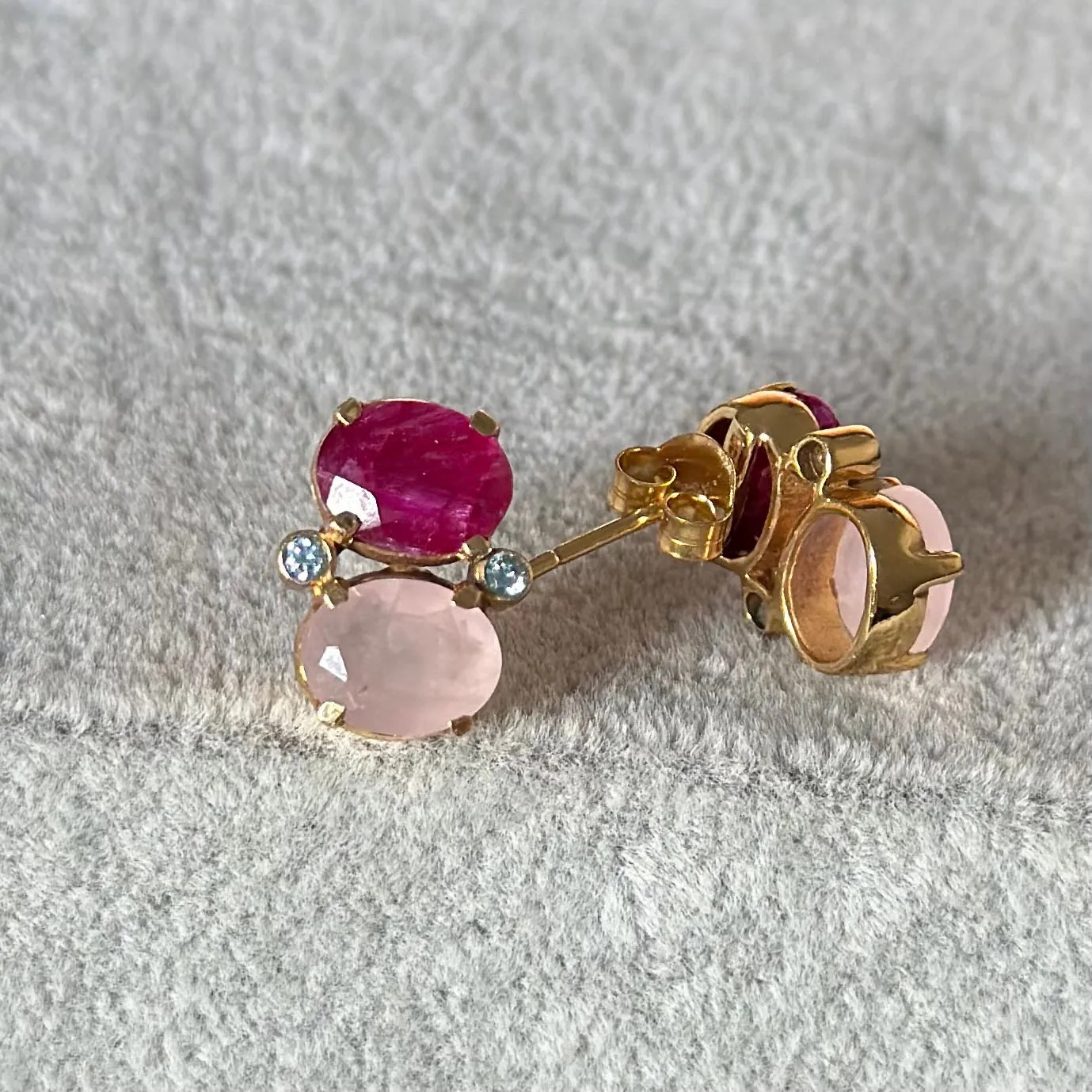 Two Gemstone Studs in Gold Plated Sterling Silver – Ruby Quartz and Rose Quartz