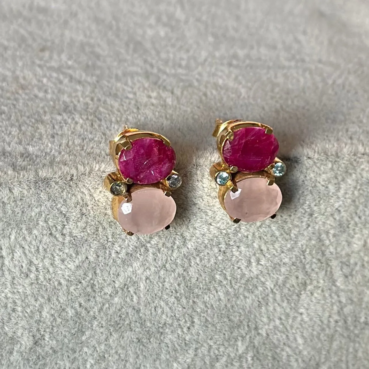 Two Gemstone Studs in Gold Plated Sterling Silver – Ruby Quartz and Rose Quartz